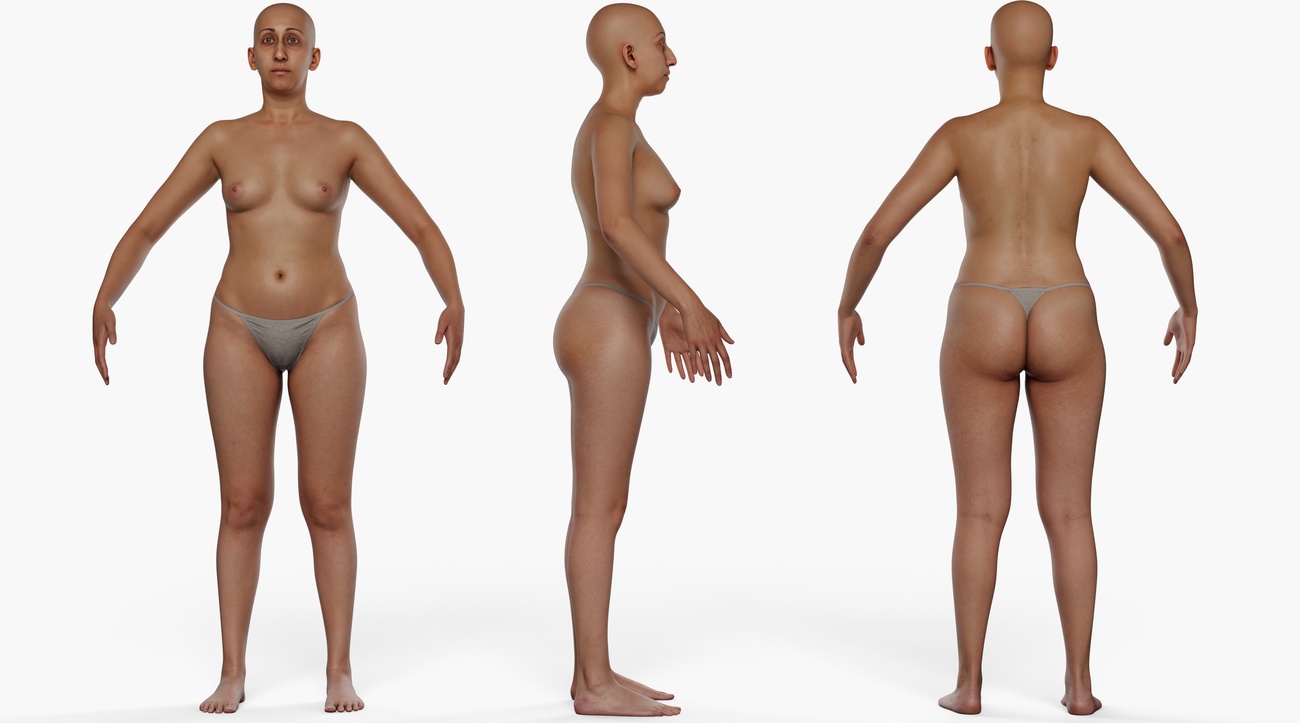 Full body 3D scan of an average-build female with smooth warm skin tone, retopologised quad mesh render